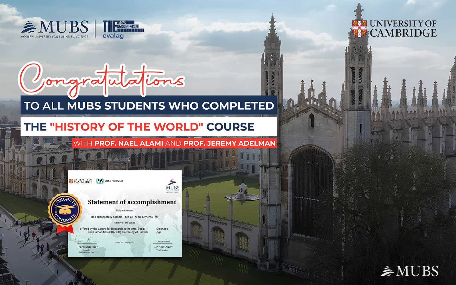 MUBS Students Successfully Complete the 'History of the World' Course Offered by Cambridge University